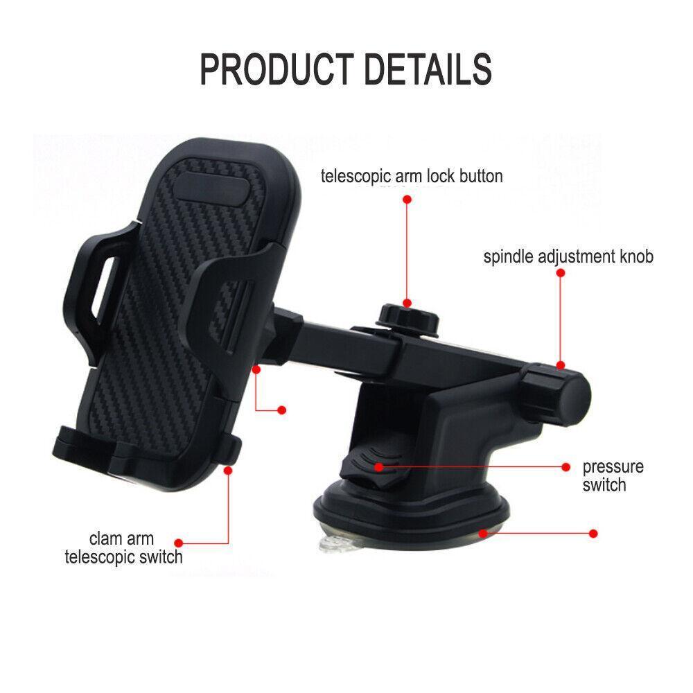 Universal car phone holder with carbon fiber finish, mounted securely on a vehicle dashboard. — view 3