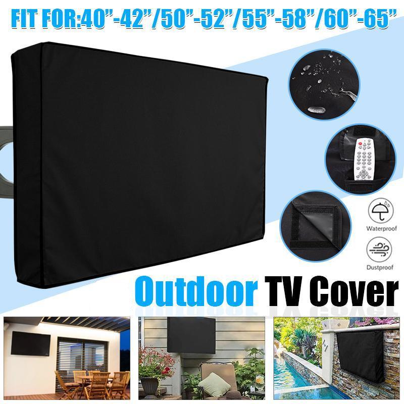 Black waterproof outdoor TV cover zipped over a flat screen television on a backyard patio.