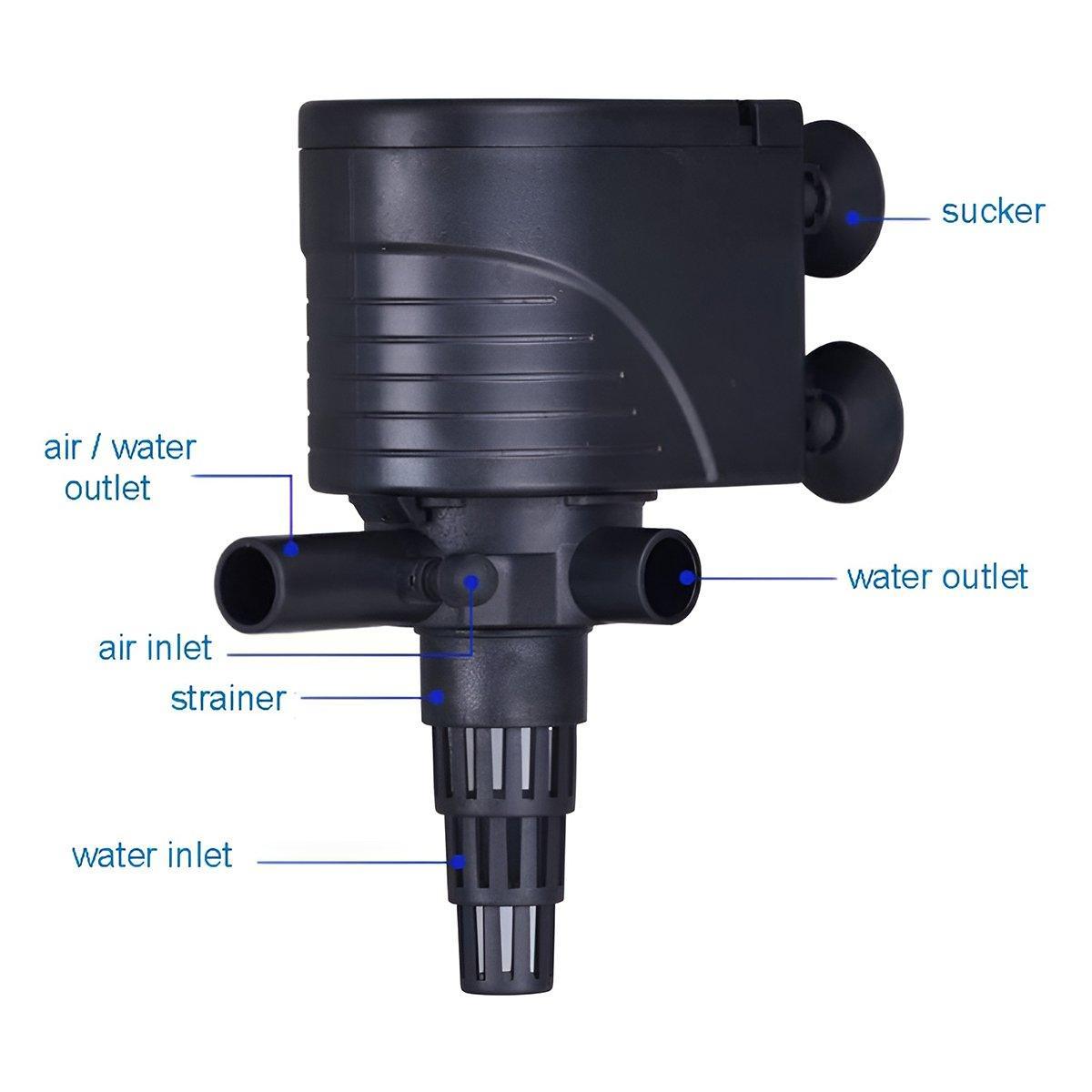 Black compact 3-in-1 submersible aquarium filter pump and water oxygenator for fish tanks. — view 5