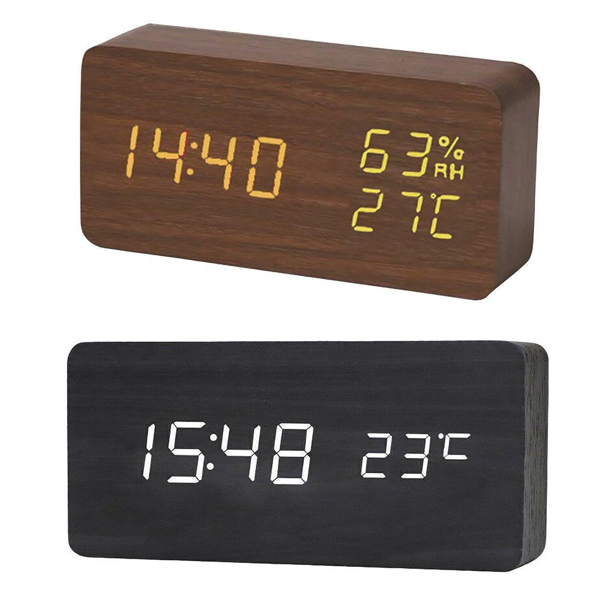 Modern minimalist wooden digital alarm clock with bright LED time and temperature display. — view 2