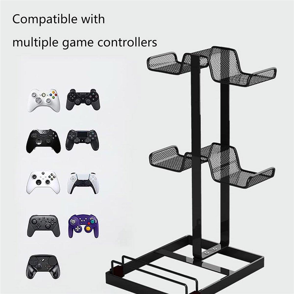 Black metal gaming controller and headphone stand holding console accessories for desk organization and display — view 4