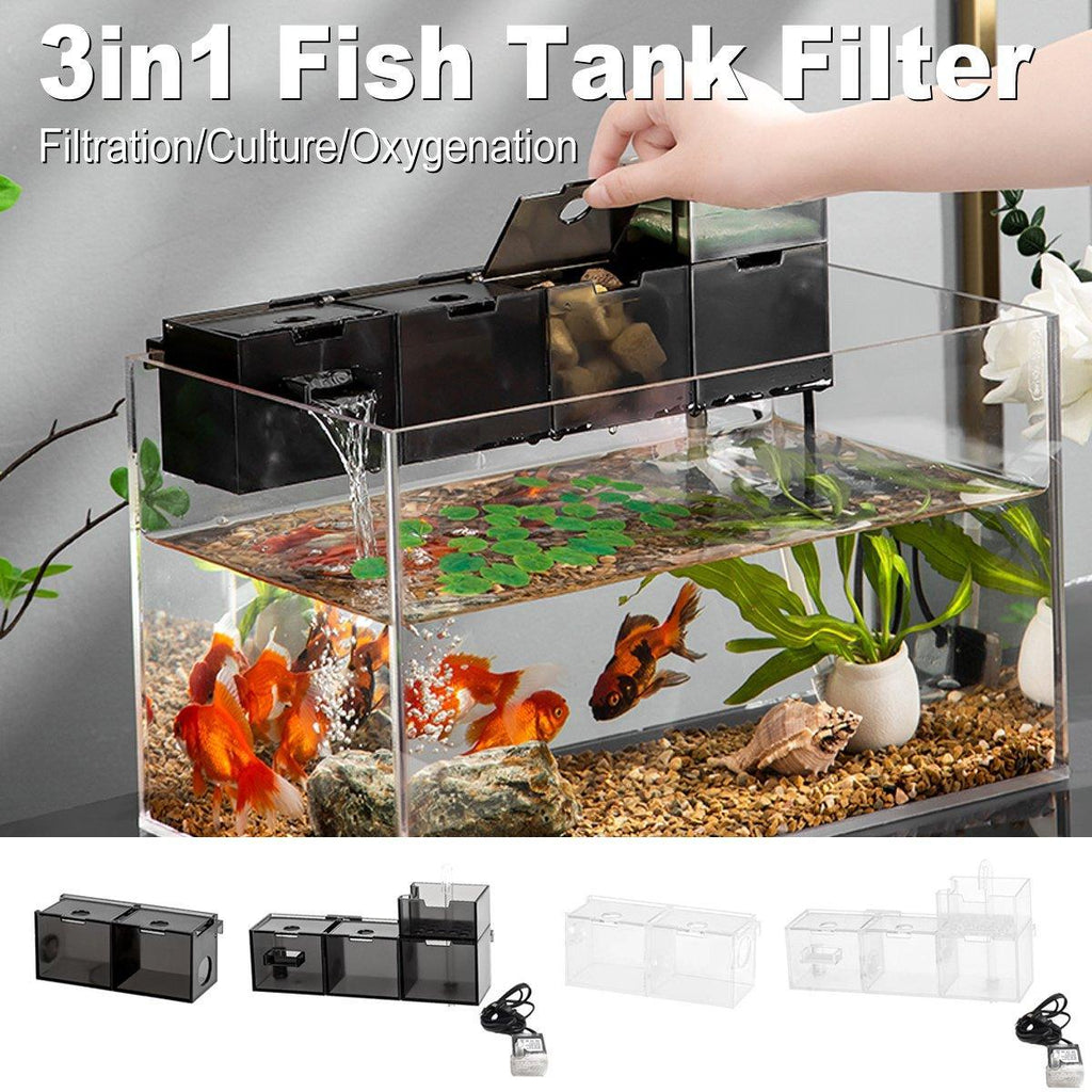 Black 3-in-1 wall mount fish tank filter and silent oxygenating water purifier for home aquariums