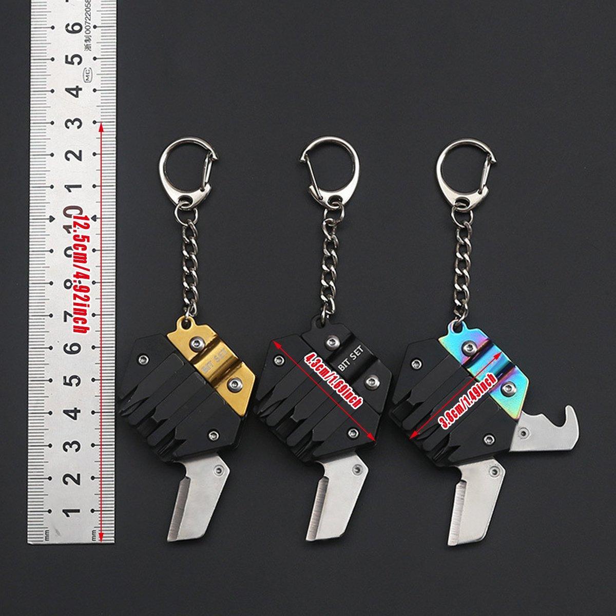 Black stainless steel hexagon pocket multitool keychain with folding knife and screwdriver bits attached — view 3