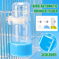 Automatic bird water feeder in transparent plastic with blue base mounted on wire cage