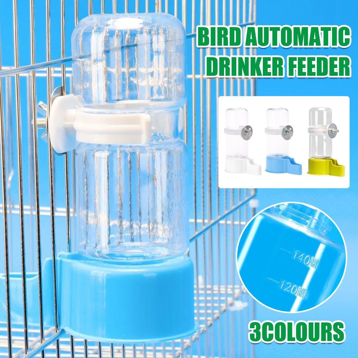 Automatic bird water feeder in transparent plastic with blue base mounted on wire cage