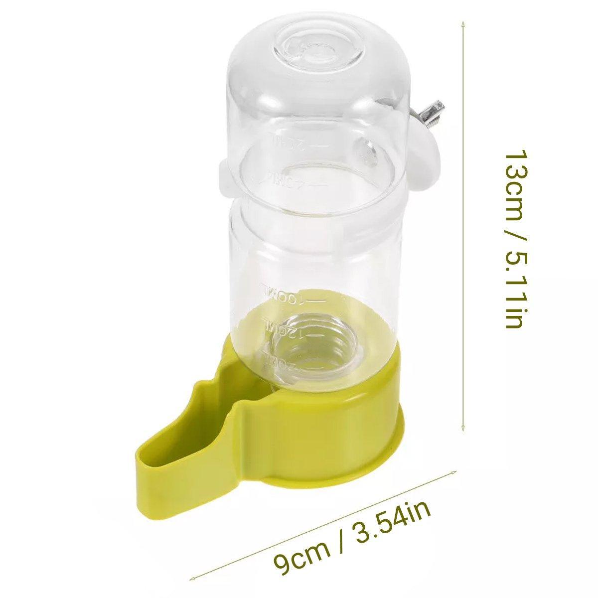 Automatic bird water feeder in transparent plastic with blue base mounted on wire cage — view 3
