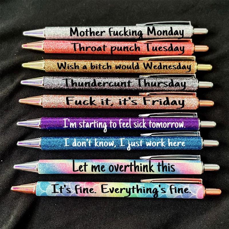 Colorful glitter ballpoint pen set with sarcastic swear word quotes and smooth black ink — view 5