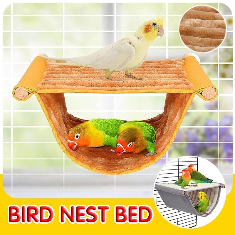 Small plush bird hammock bed with solid wood frame and iron screw buckles for hanging.