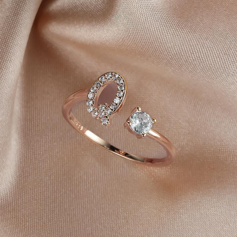 Adjustable rose gold open initial ring with sparkling zircon embellishments for women — view 3
