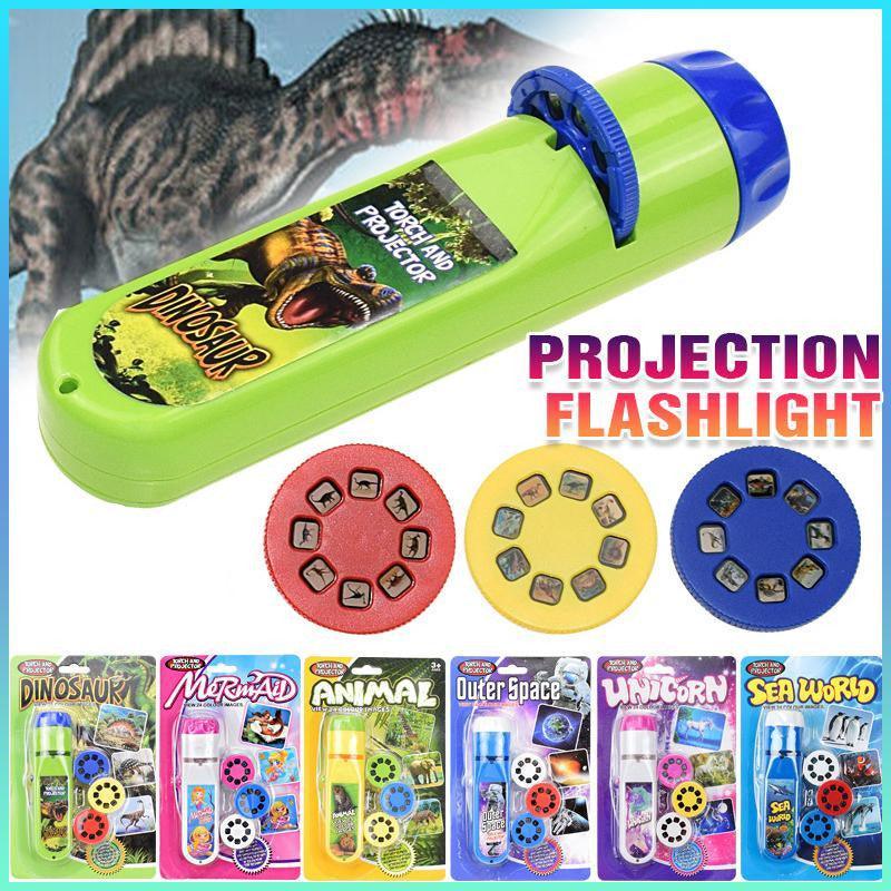 Interactive kids torch projector toy projecting a bright and vibrant dinosaur scene in a dark room