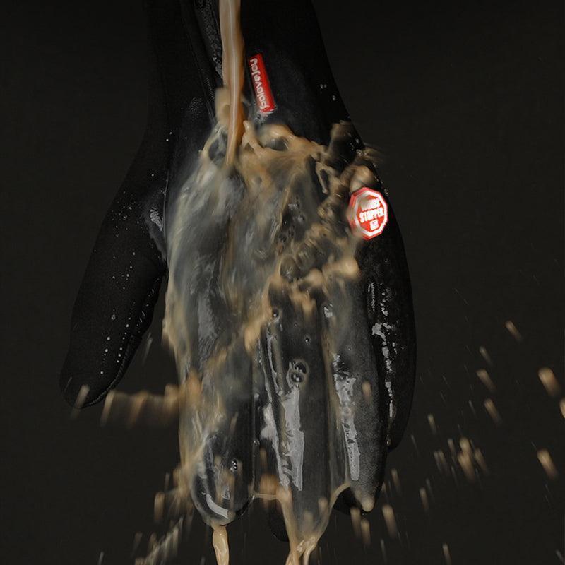 Black waterproof full finger cycling gloves with touchscreen compatible fingertips for winter fitness — view 3