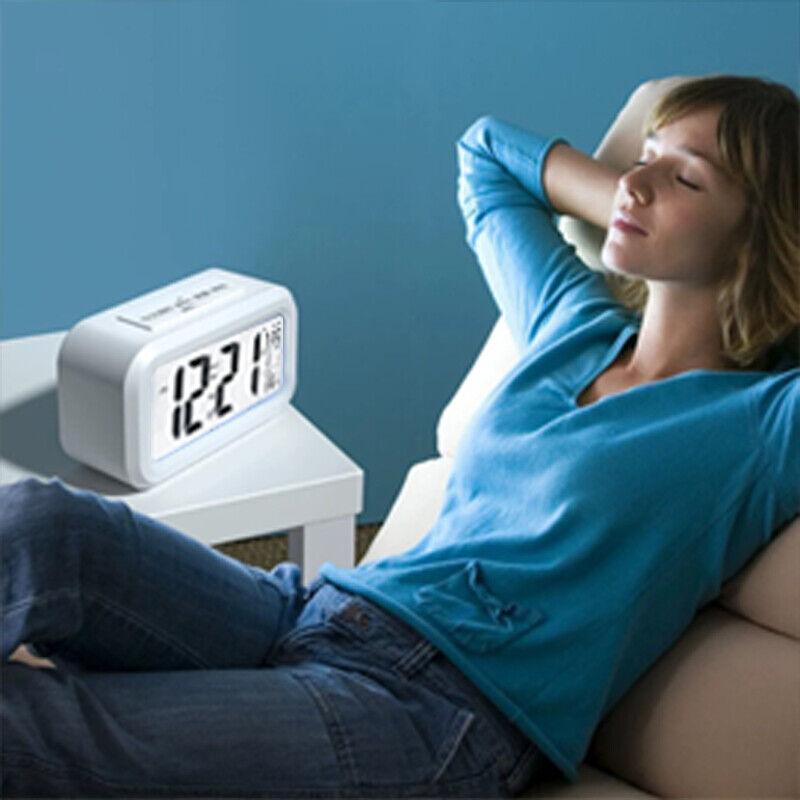 Modern digital bedside alarm clock with temperature display and LED night light in crisp white. — view 4