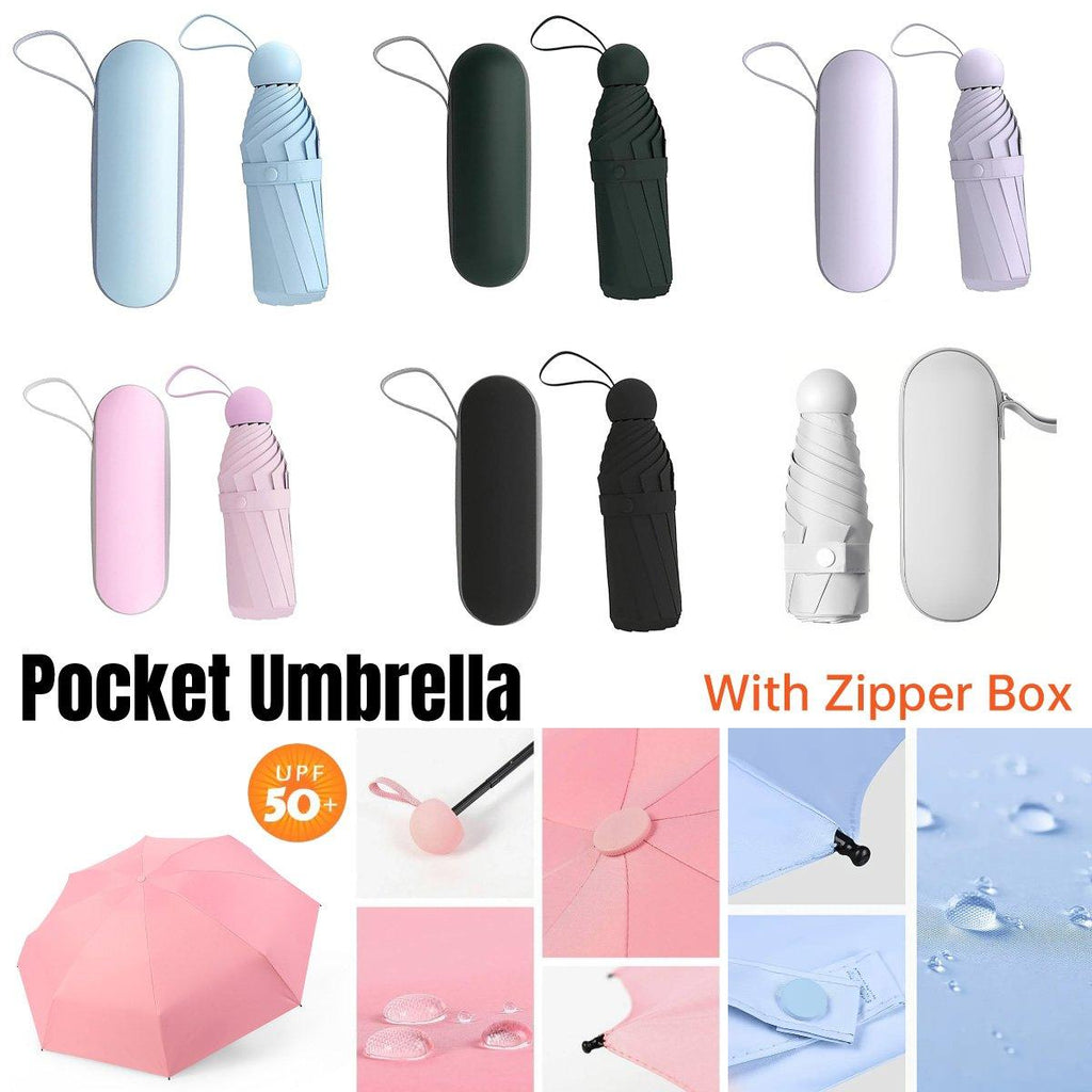 Compact portable five-fold travel umbrella with zipper storage case for sun and rain protection