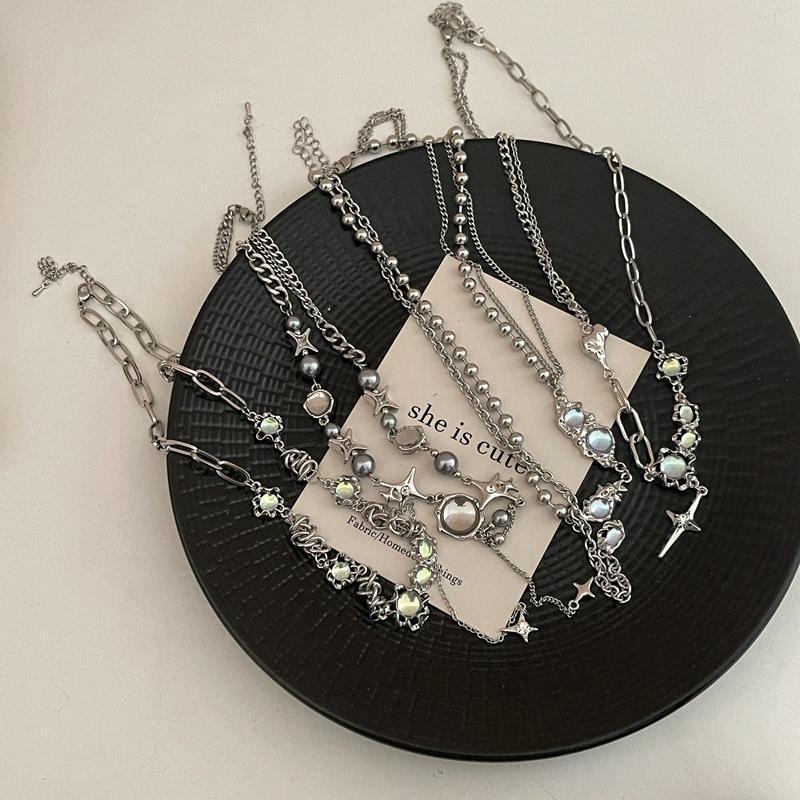 Silver titanium steel clavicle chain necklace featuring a cool tone coloured glaze moonstone pendant — view 4