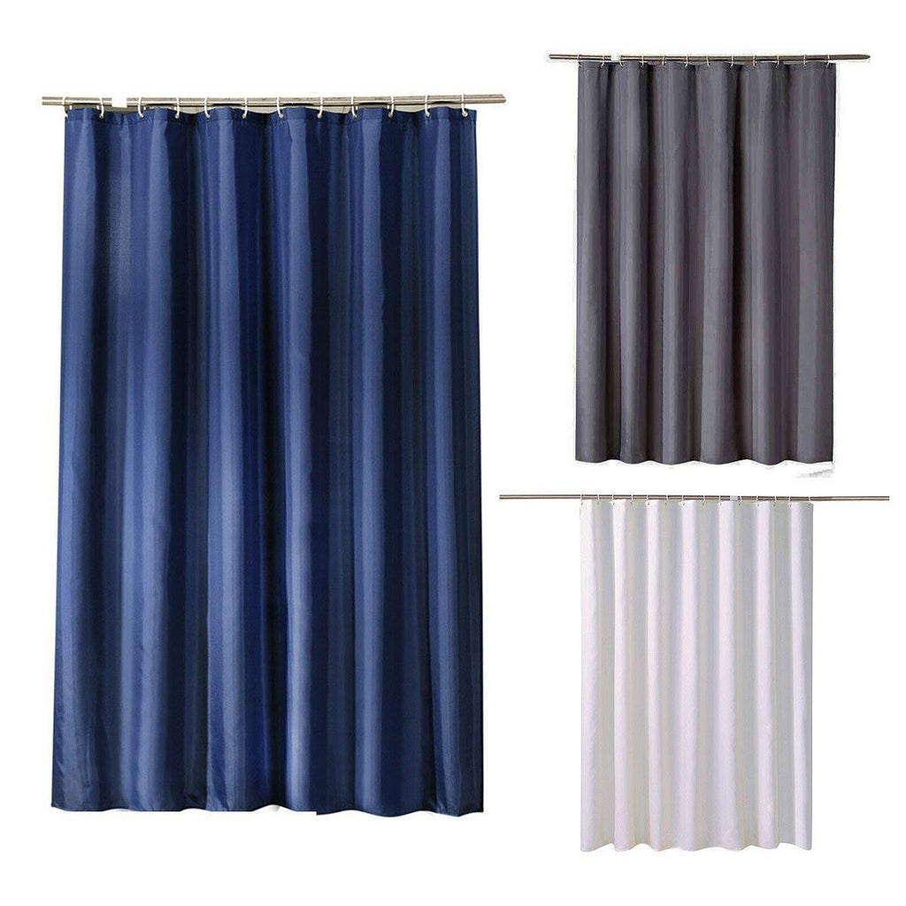 Solid colour waterproof fabric shower curtain in a modern bathroom setting with heavy duty hooks — view 2