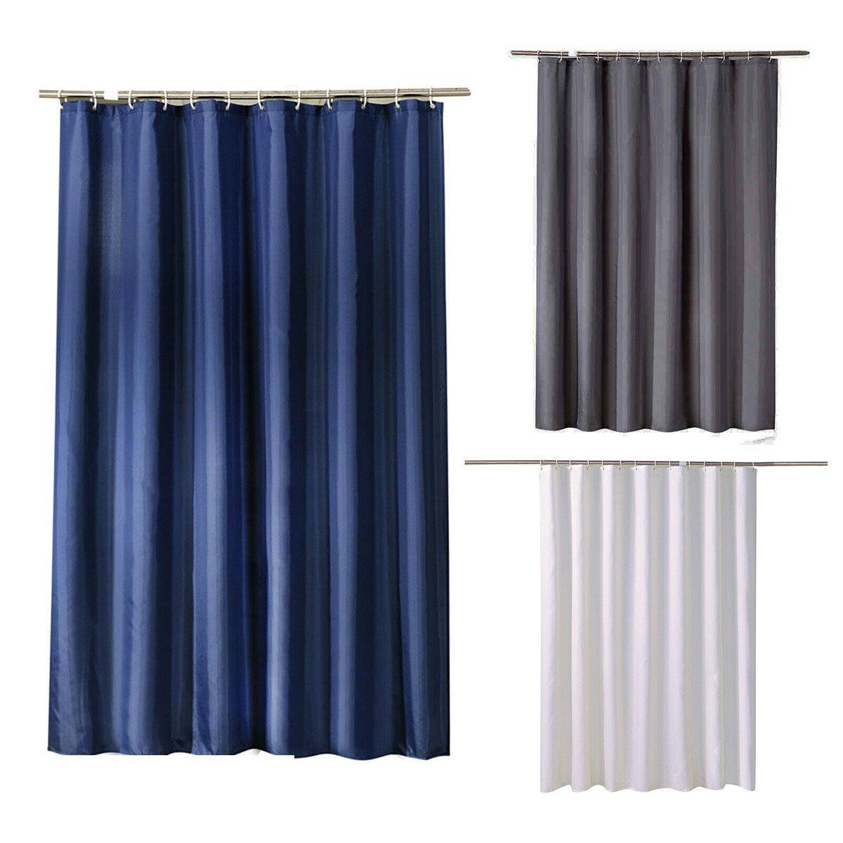 Solid colour waterproof fabric shower curtain in a modern bathroom setting with heavy duty hooks — view 2