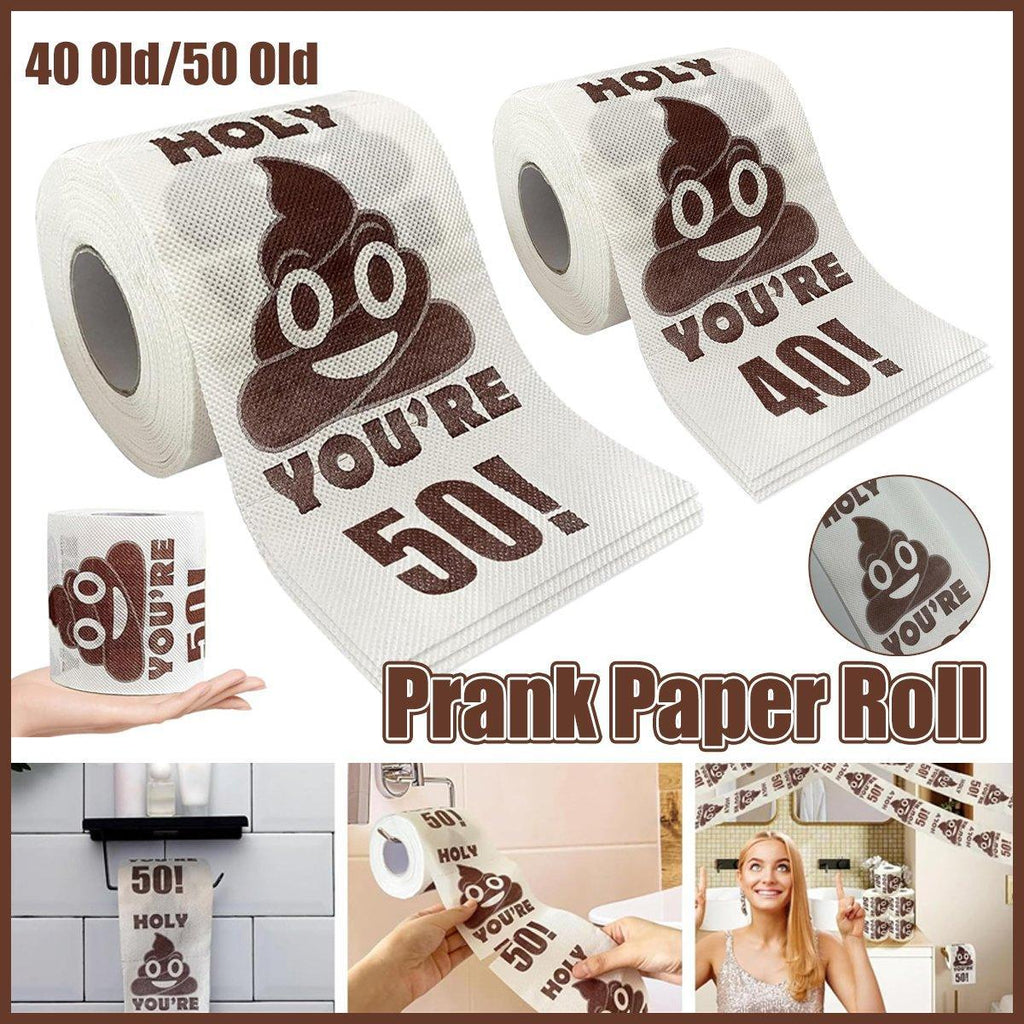 Funny milestone birthday toilet paper roll featuring a brown printed poop emoji on white paper.