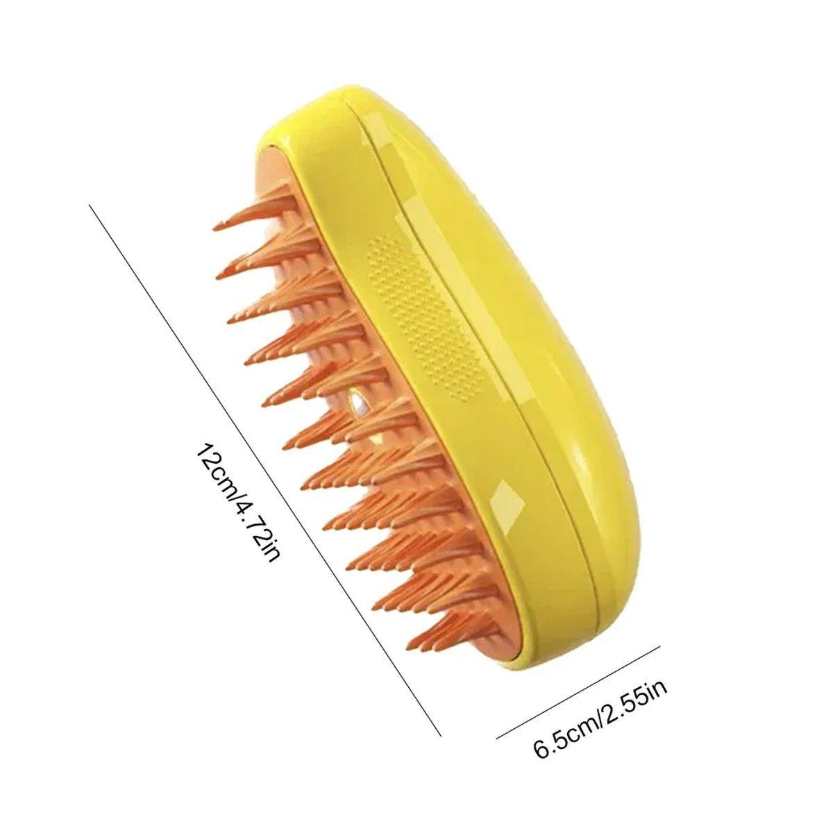 Electric pet hair brush in yellow and green with soft teeth and misting spray function — view 3