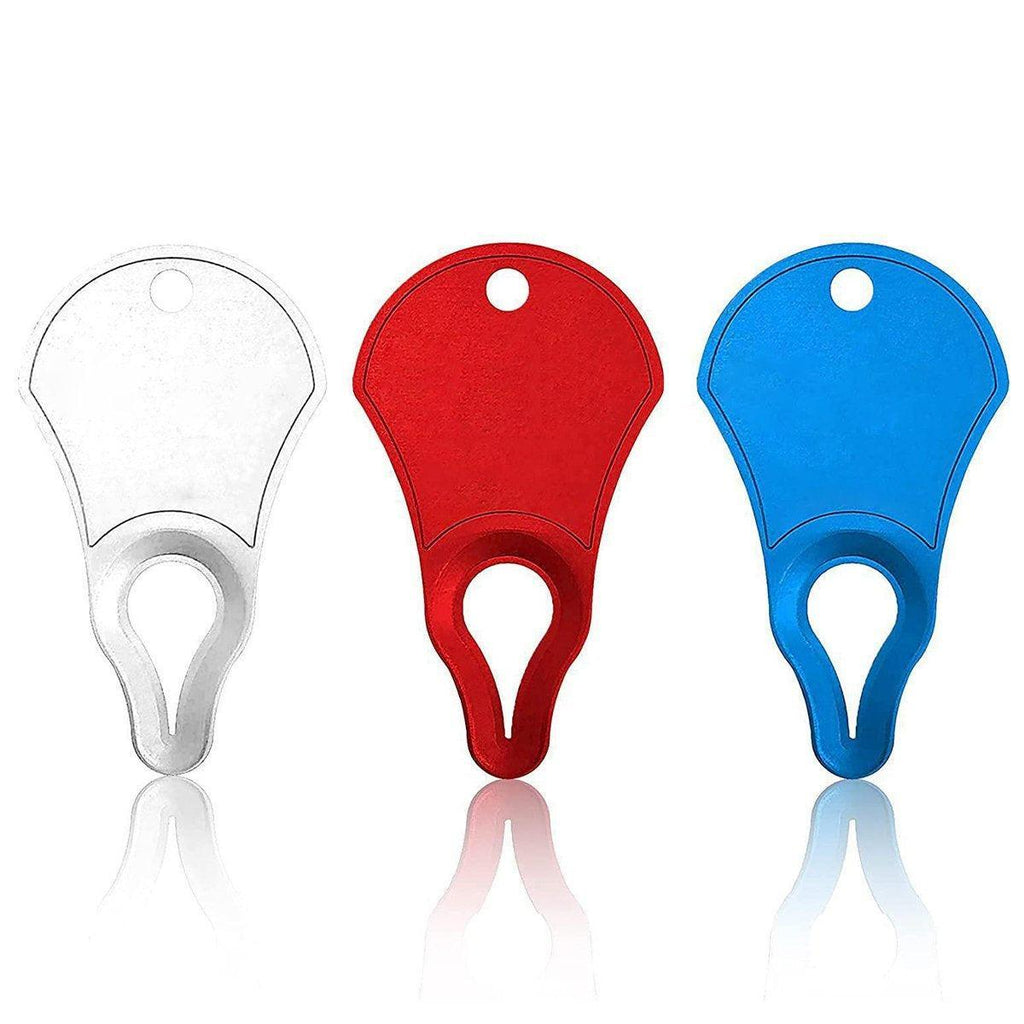 Compact aluminum pet tick removal tool with a notched tip in silver, red, and blue — view 2