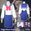 Sailor Warrior anime cosplay costume with navy pleated skirt, white bodice, and red bow.