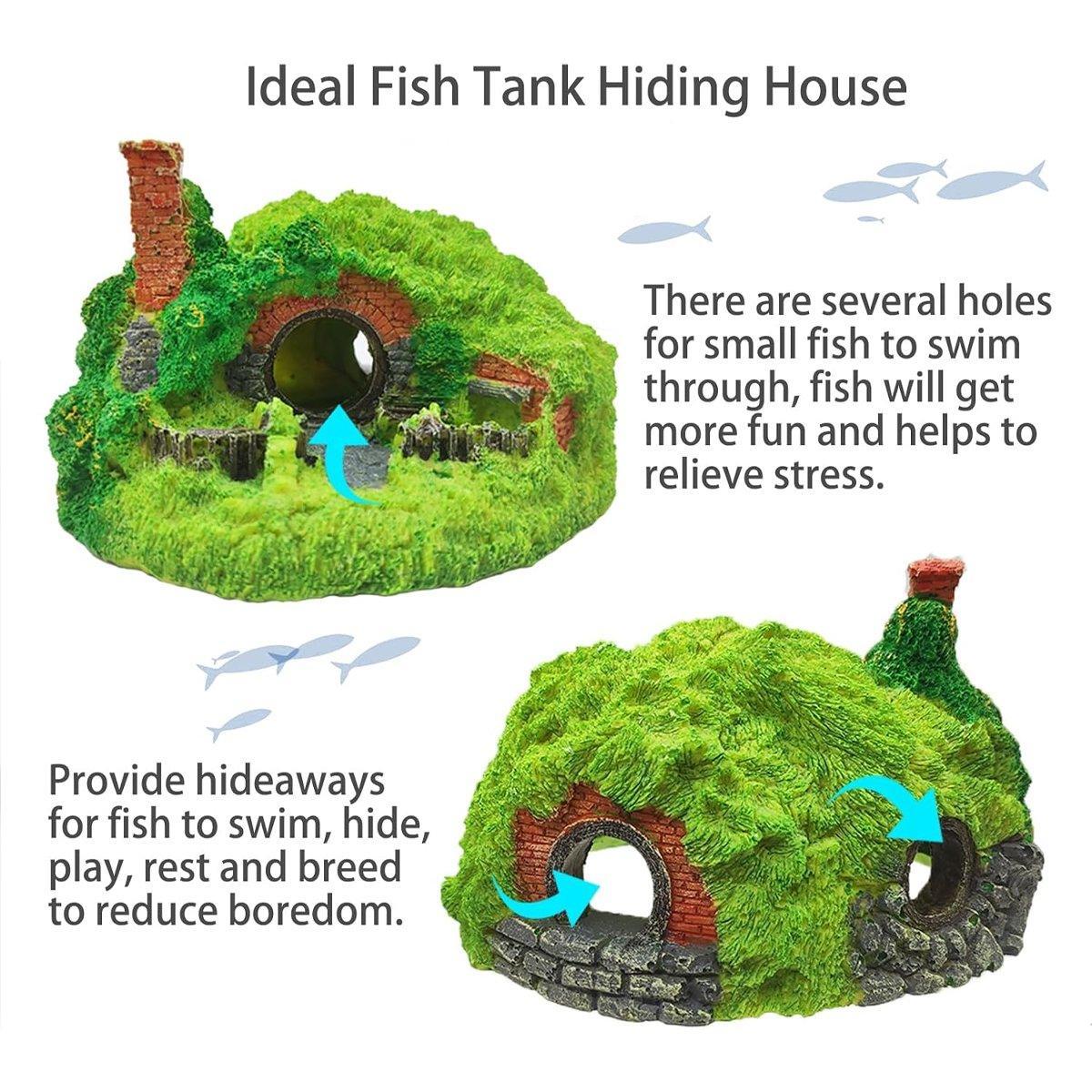 Resin grass house aquarium ornament with realistic green detailing and earthy tones for fish tanks — view 5