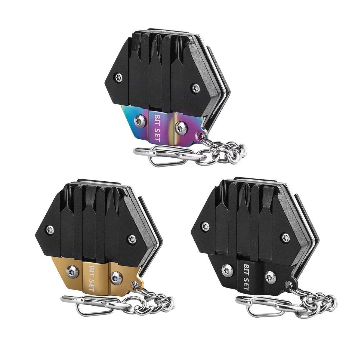 Black stainless steel hexagon pocket multitool keychain with folding knife and screwdriver bits attached — view 2