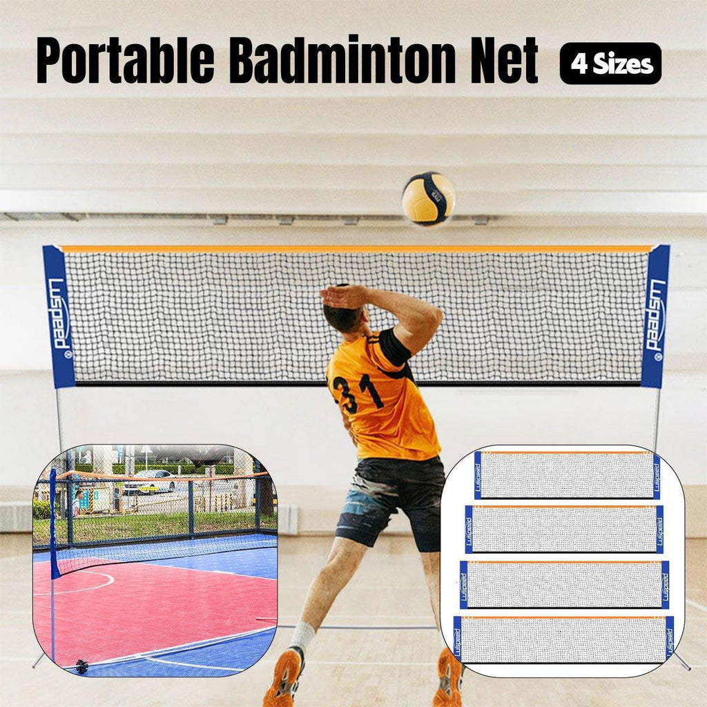 Portable outdoor badminton net in black and blue, folded and displayed without a supporting stand