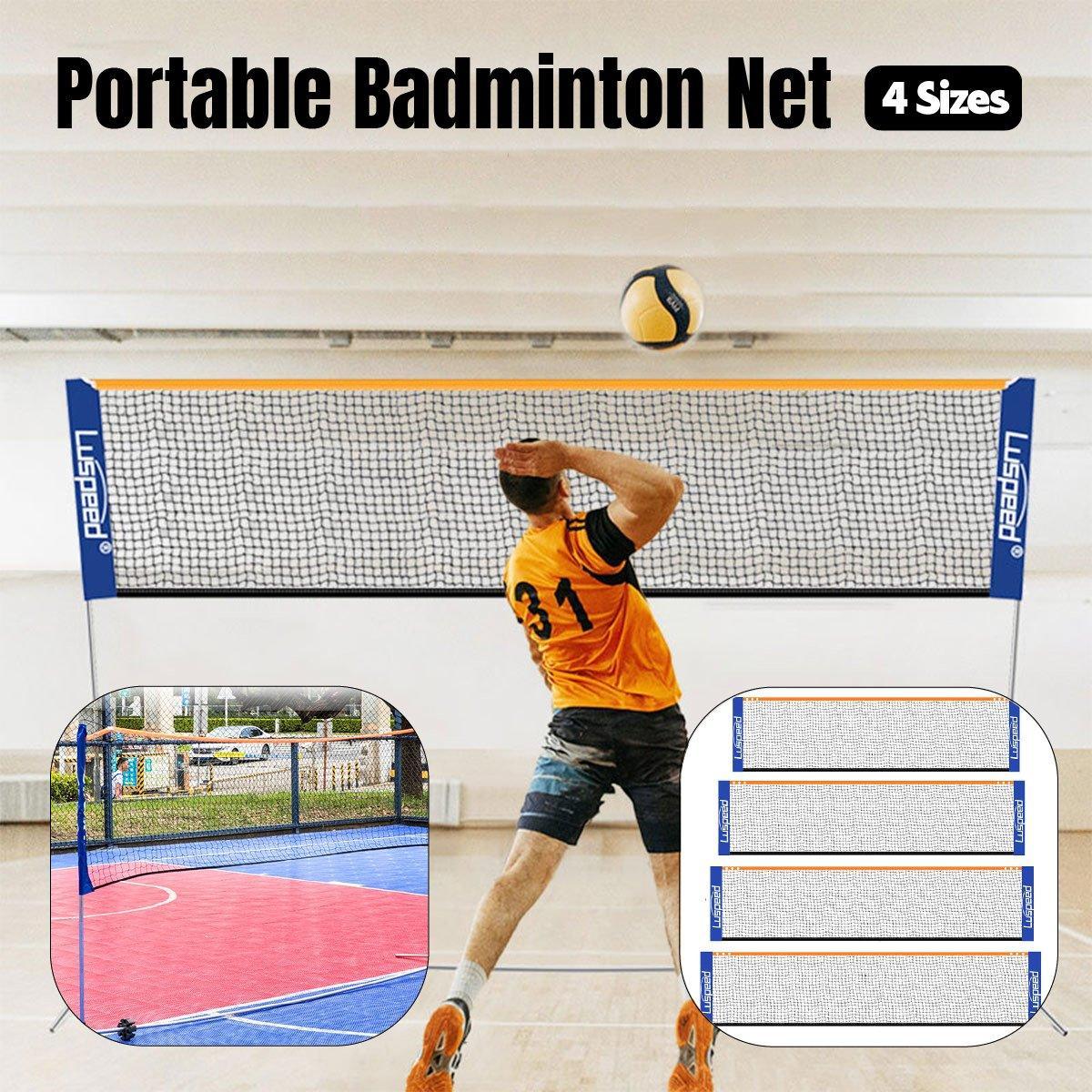 Portable outdoor badminton net in black and blue, folded and displayed without a supporting stand