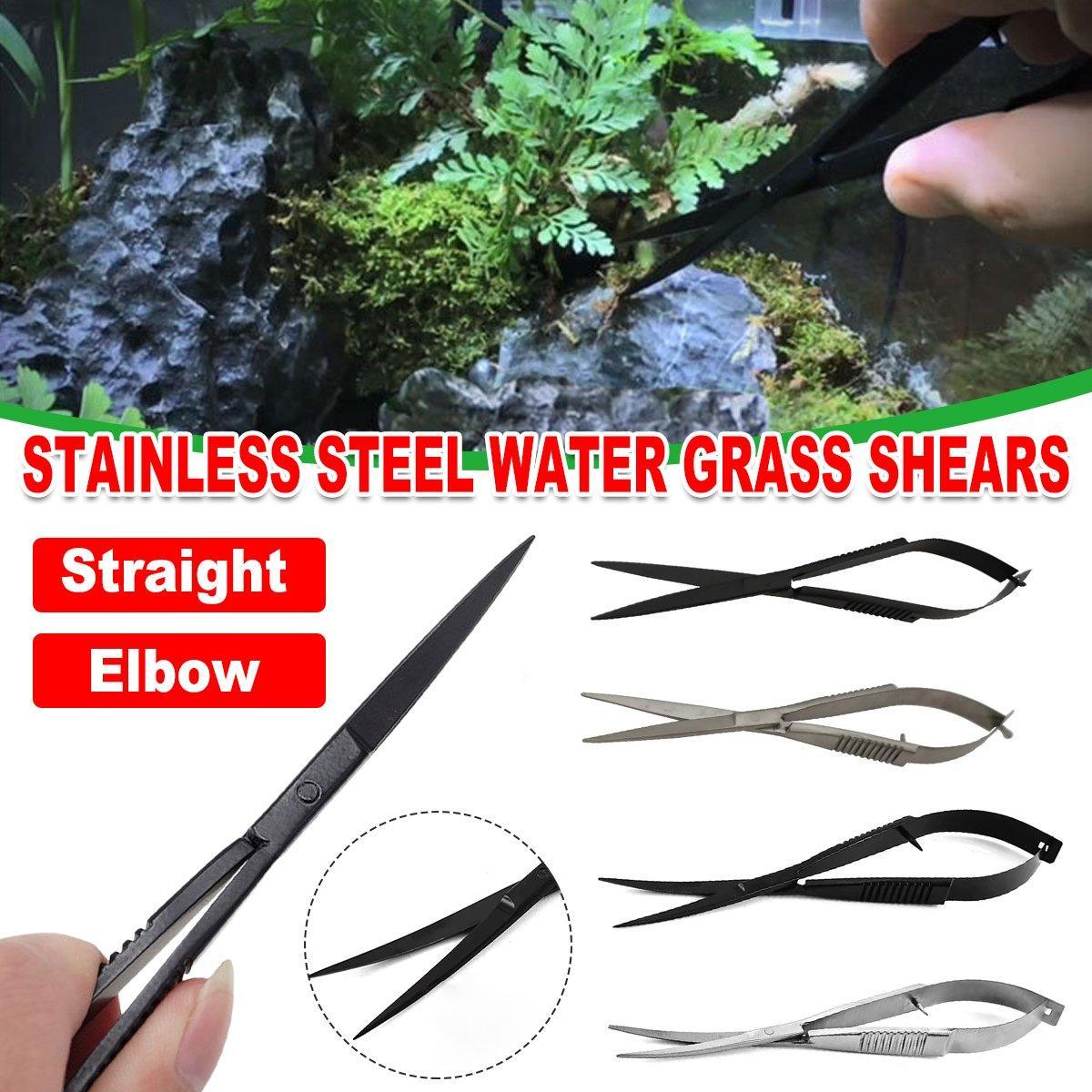 Aquarium plant scissors in stainless steel with straight or elbow blades and ergonomic spring handles
