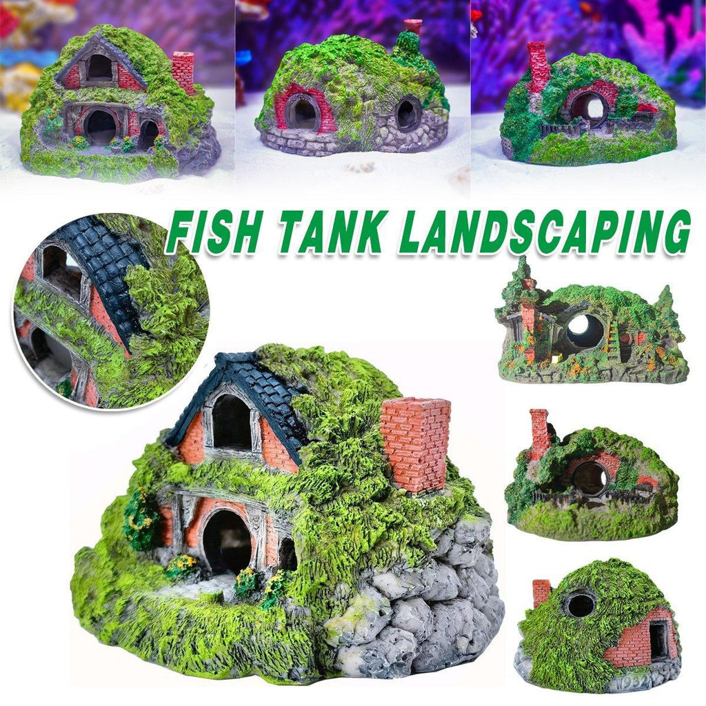 Resin grass house aquarium ornament with realistic green detailing and earthy tones for fish tanks
