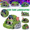 Resin grass house aquarium ornament with realistic green detailing and earthy tones for fish tanks