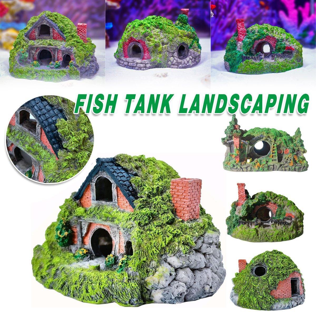 Resin grass house aquarium ornament with realistic green detailing and earthy tones for fish tanks