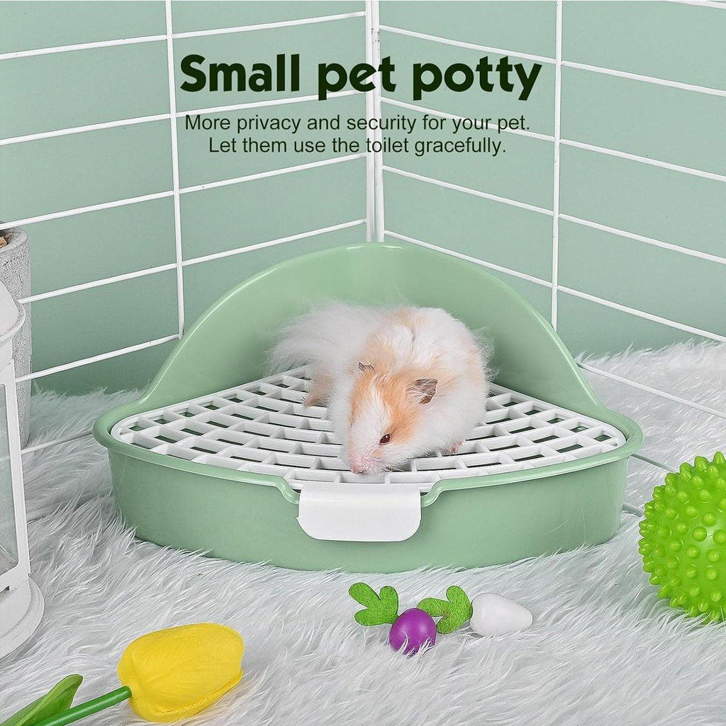 White and blue plastic small animal litter box with hygienic grid and secure cage lock — view 4