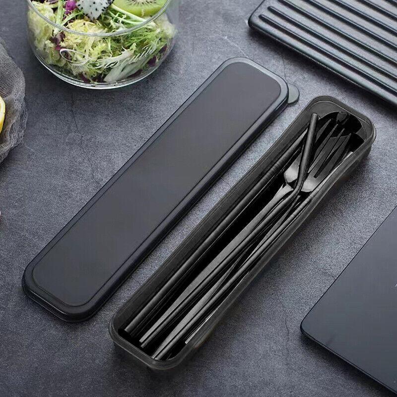8-piece travel cutlery set in stainless steel with carrying case straws fork spoon and knife — view 3