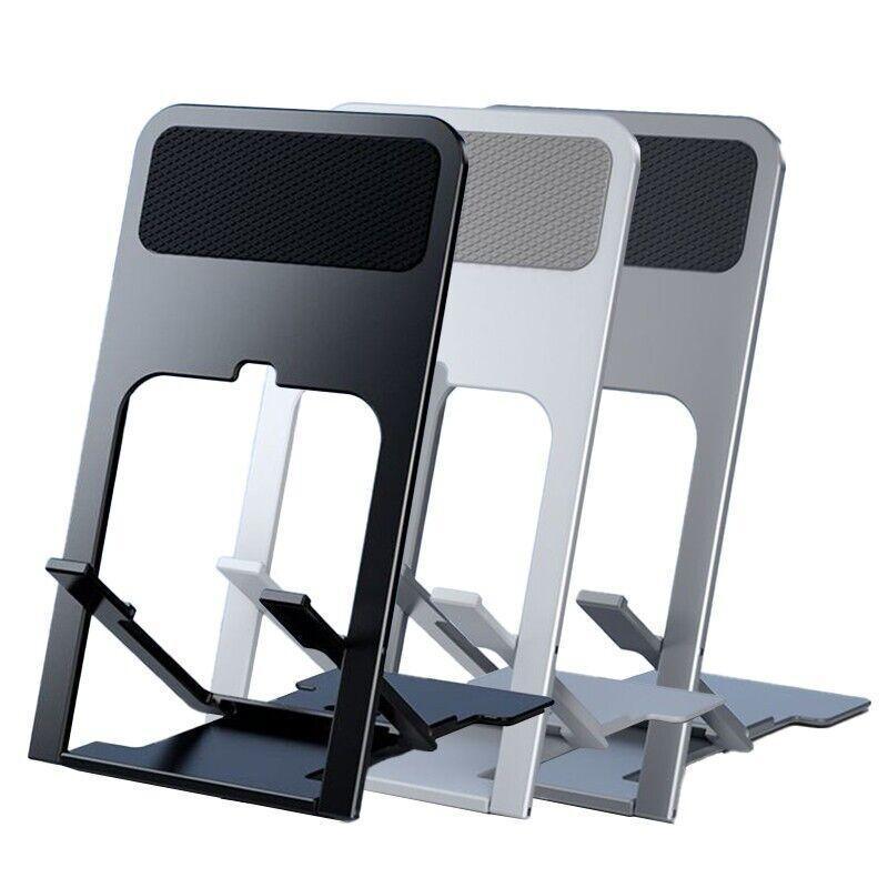 Adjustable folding black mobile phone and tablet stand with anti slip rubber grip — view 2