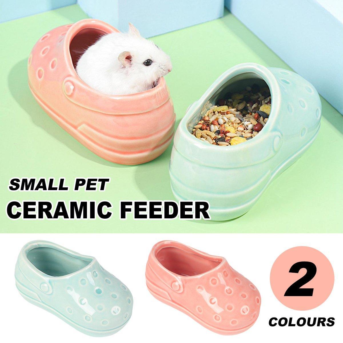 Cute shoe-shaped ceramic hamster food bowl with non-slip base in cyan and pink