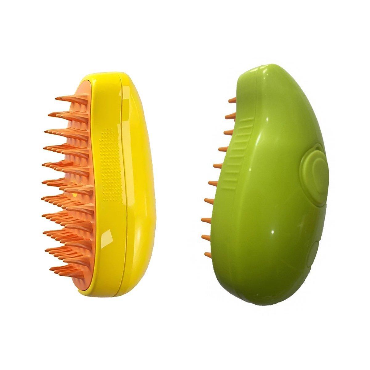 Electric pet hair brush in yellow and green with soft teeth and misting spray function — view 2