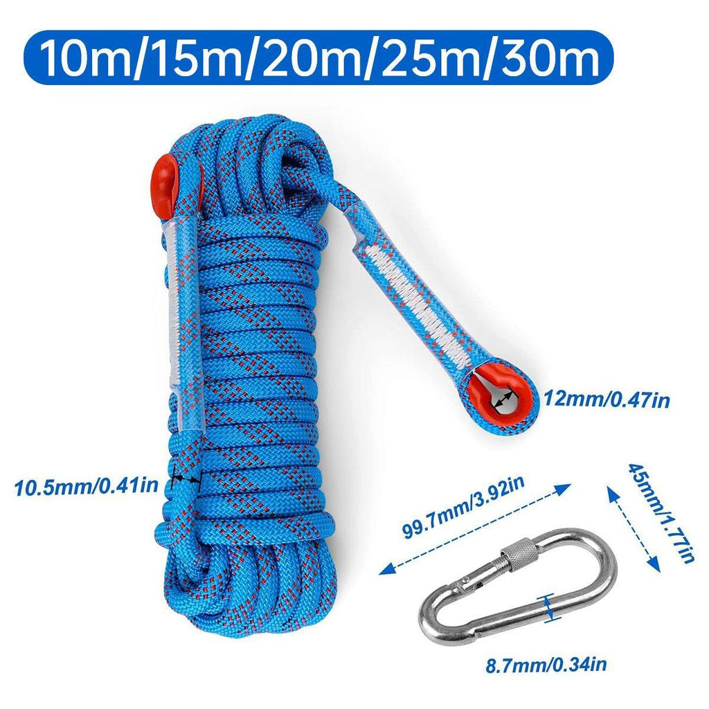 Blue heavy duty nylon climbing rope with red accents and two attached metal carabiners — view 3