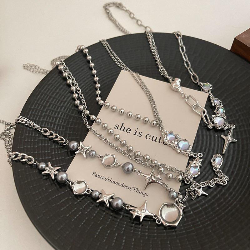 Silver titanium steel clavicle chain necklace featuring a cool tone coloured glaze moonstone pendant — view 3