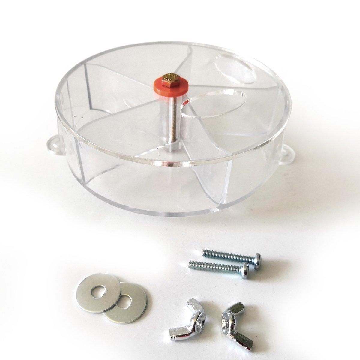 Interactive parrot foraging wheel toy in purple, mounted securely to a bird cage with clear compartments — view 4