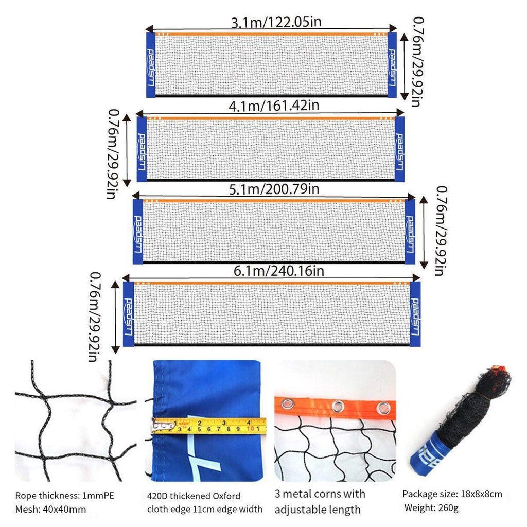 Portable outdoor badminton net in black and blue, folded and displayed without a supporting stand — view 3