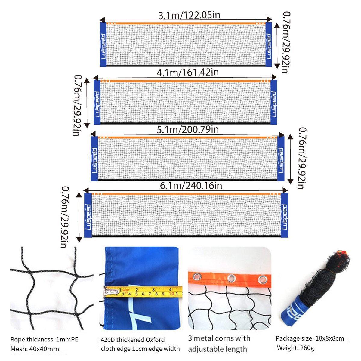 Portable outdoor badminton net in black and blue, folded and displayed without a supporting stand — view 3