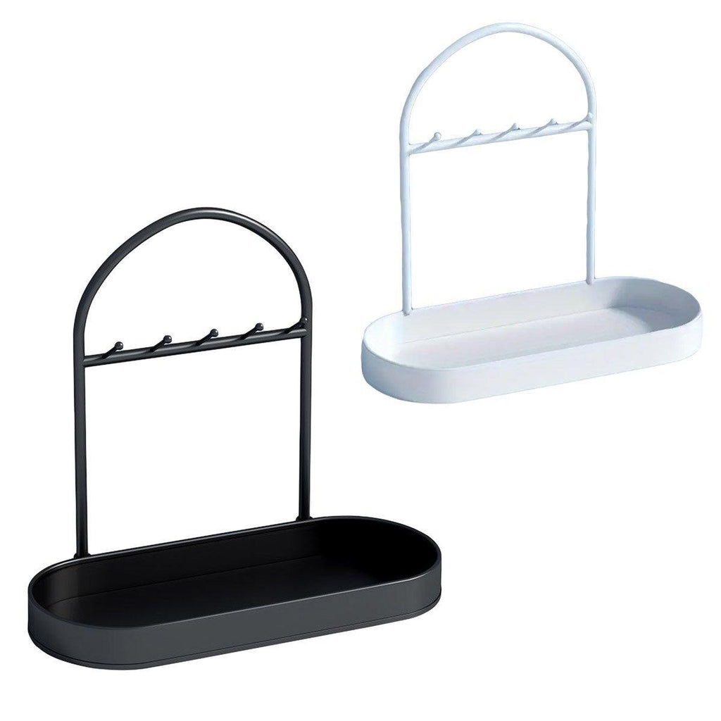 Minimalist metal and plastic entryway storage rack with key hooks and catchall tray for accessories — view 2