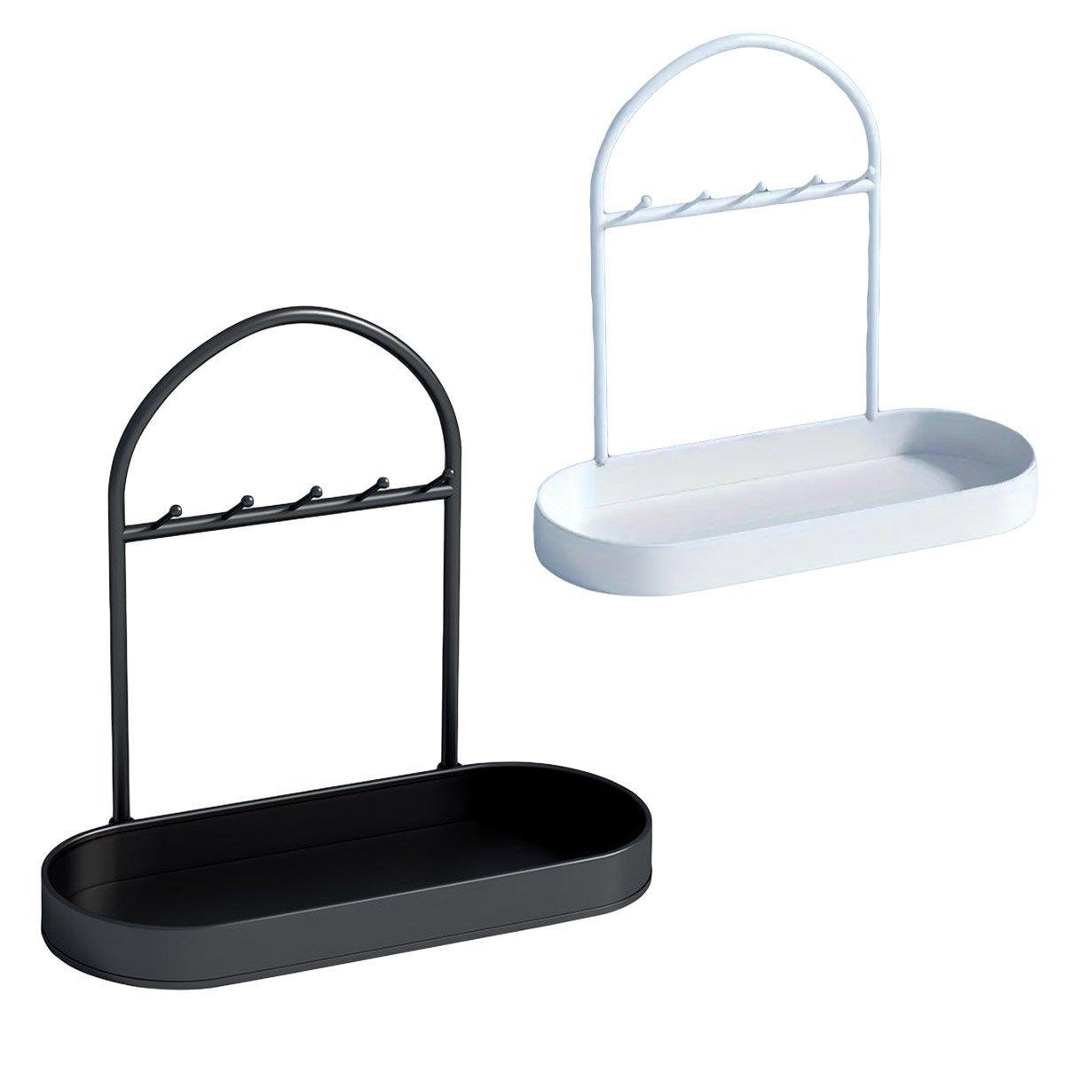 Minimalist metal and plastic entryway storage rack with key hooks and catchall tray for accessories — view 2