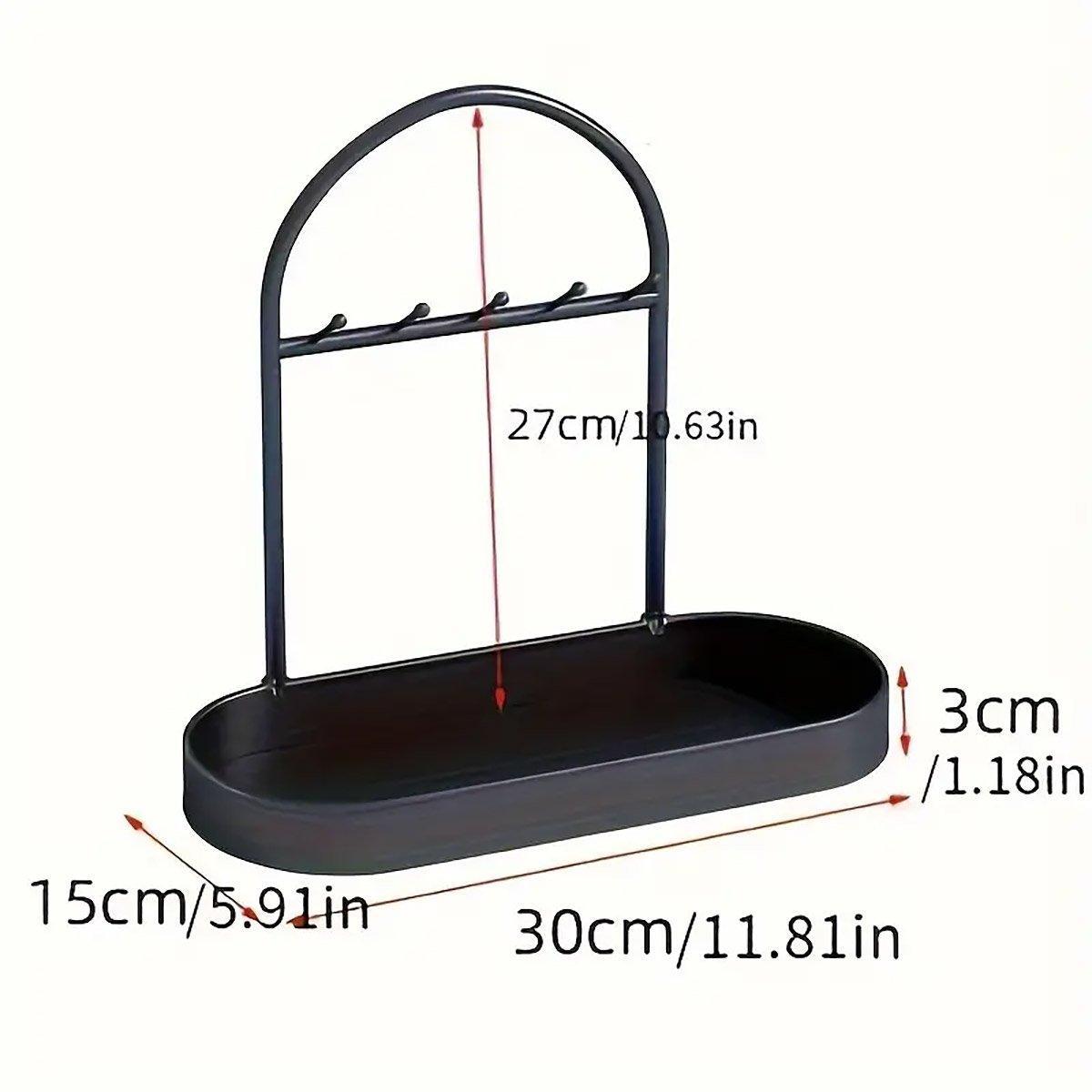 Minimalist metal and plastic entryway storage rack with key hooks and catchall tray for accessories — view 3