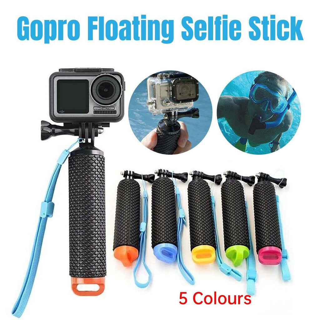 Vibrant floating buoyancy stick for action cameras with textured rubber grip and secure wrist strap.