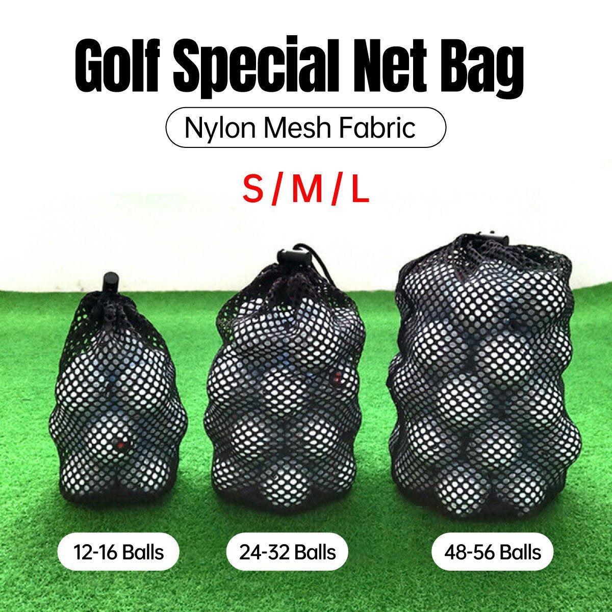 Black nylon mesh golf ball net bag with secure drawstring closure for sports storage