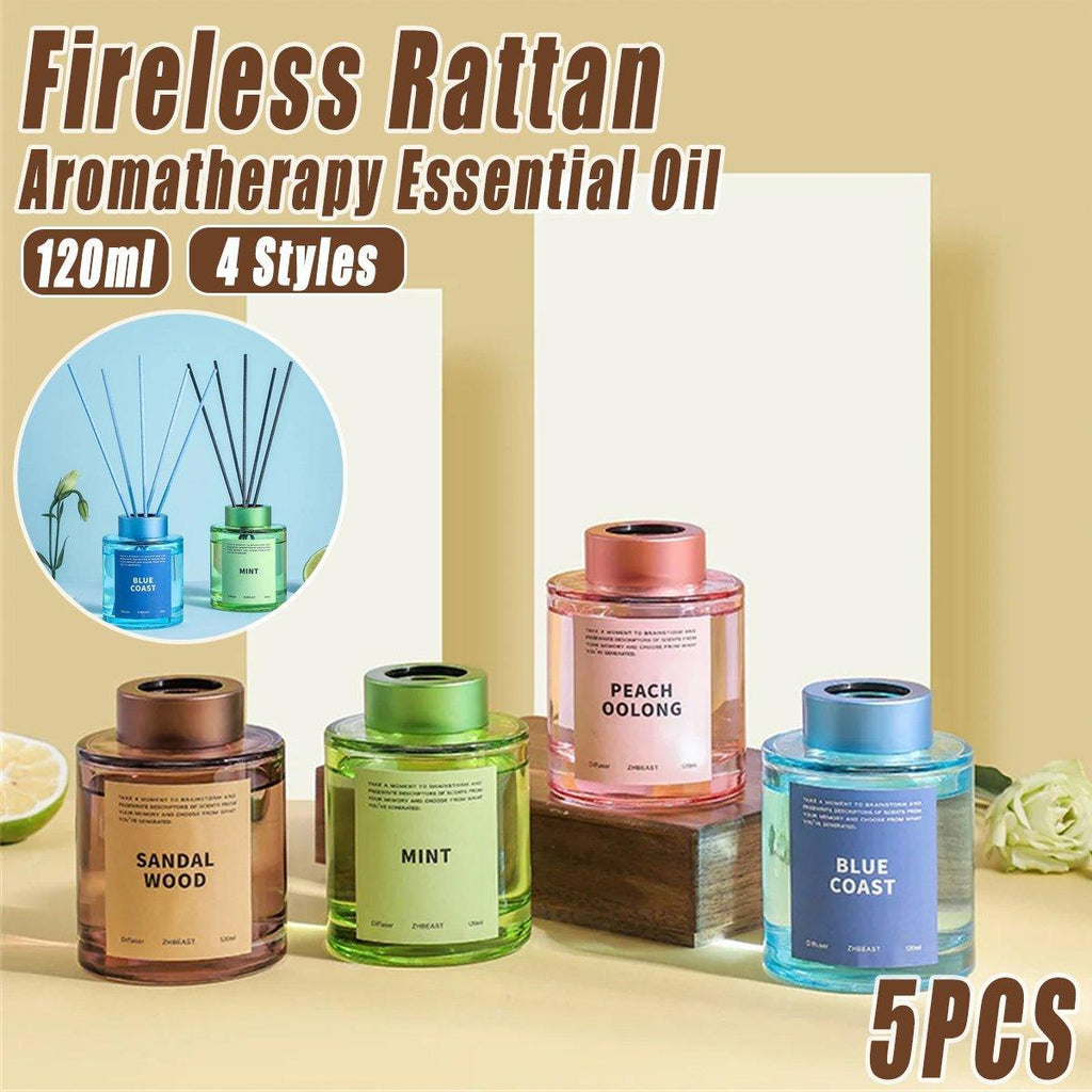 Five 120ml glass aromatherapy reed diffusers with natural rattan sticks in elegant minimalist design