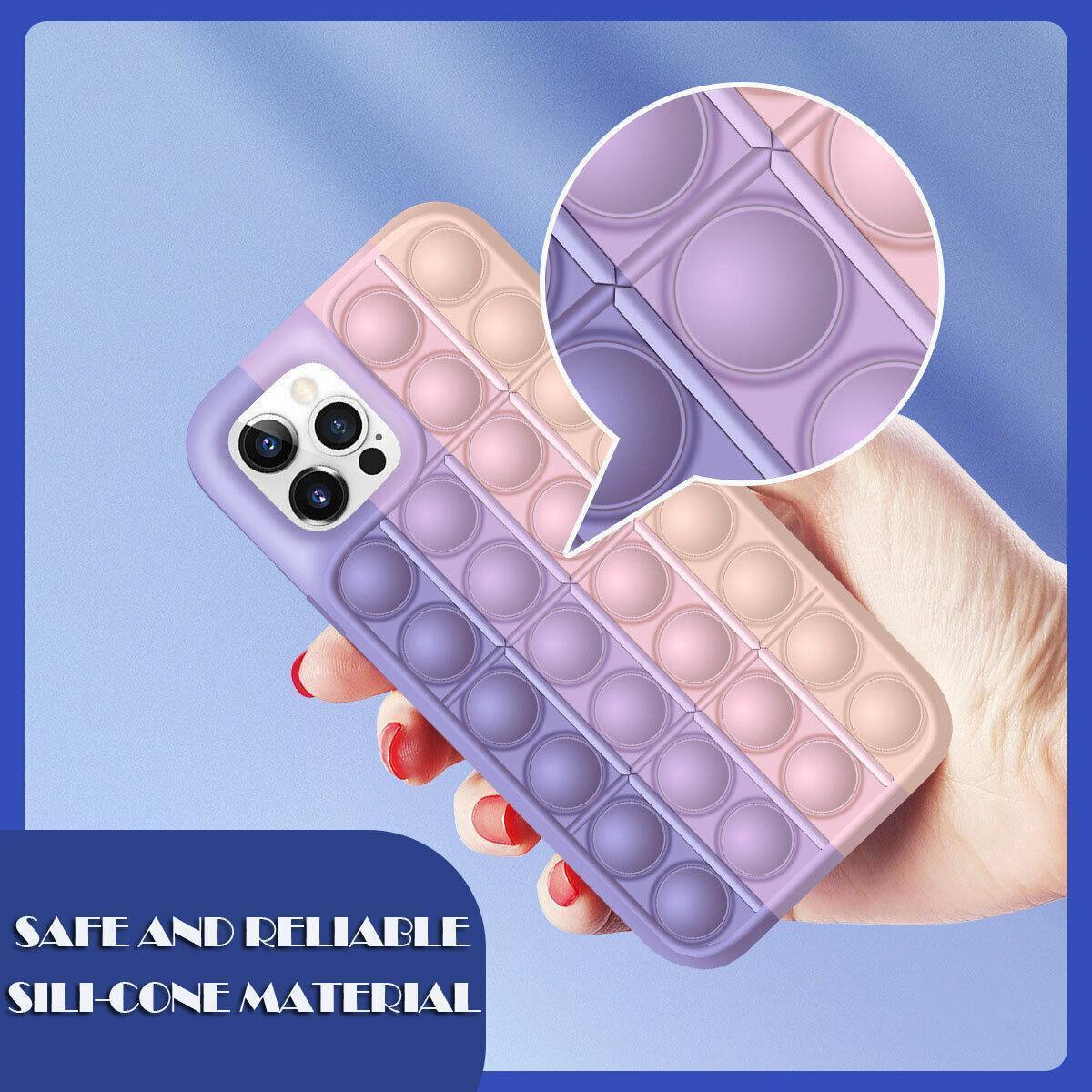 Purple and pink silicone pop fidget phone case for iPhone with push bubble design — view 3