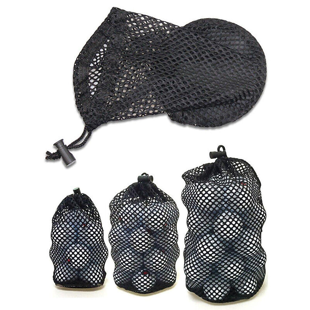 Black nylon mesh golf ball net bag with secure drawstring closure for sports storage — view 2